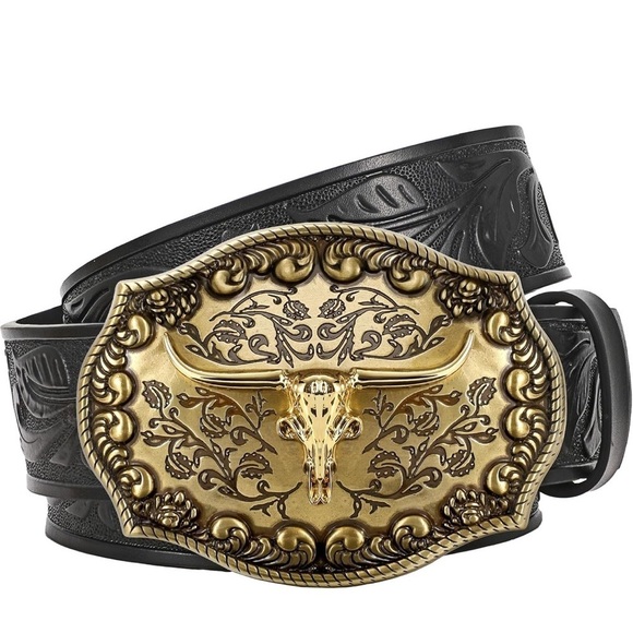 Western steer black embossed Leather Belt with Gold Buckle size medium 30-34”
